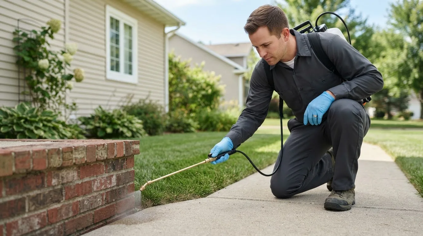 Pest control technician treating a home near New London, NC