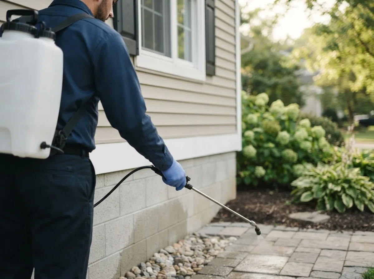 Pest control technician inspecting a home in New London, NC